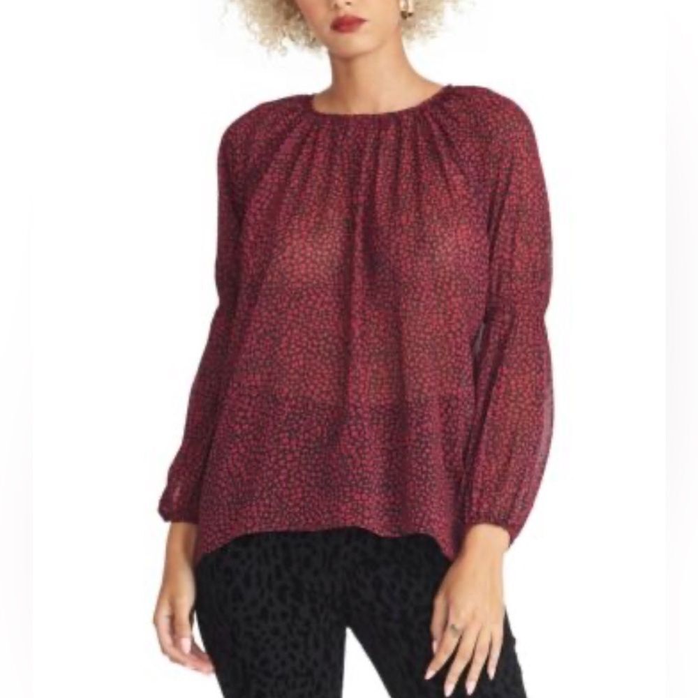 EUC Rachel Roy Women’s Sheer Long Sleeve Blouse Black Petite Maroon Flowers - XL